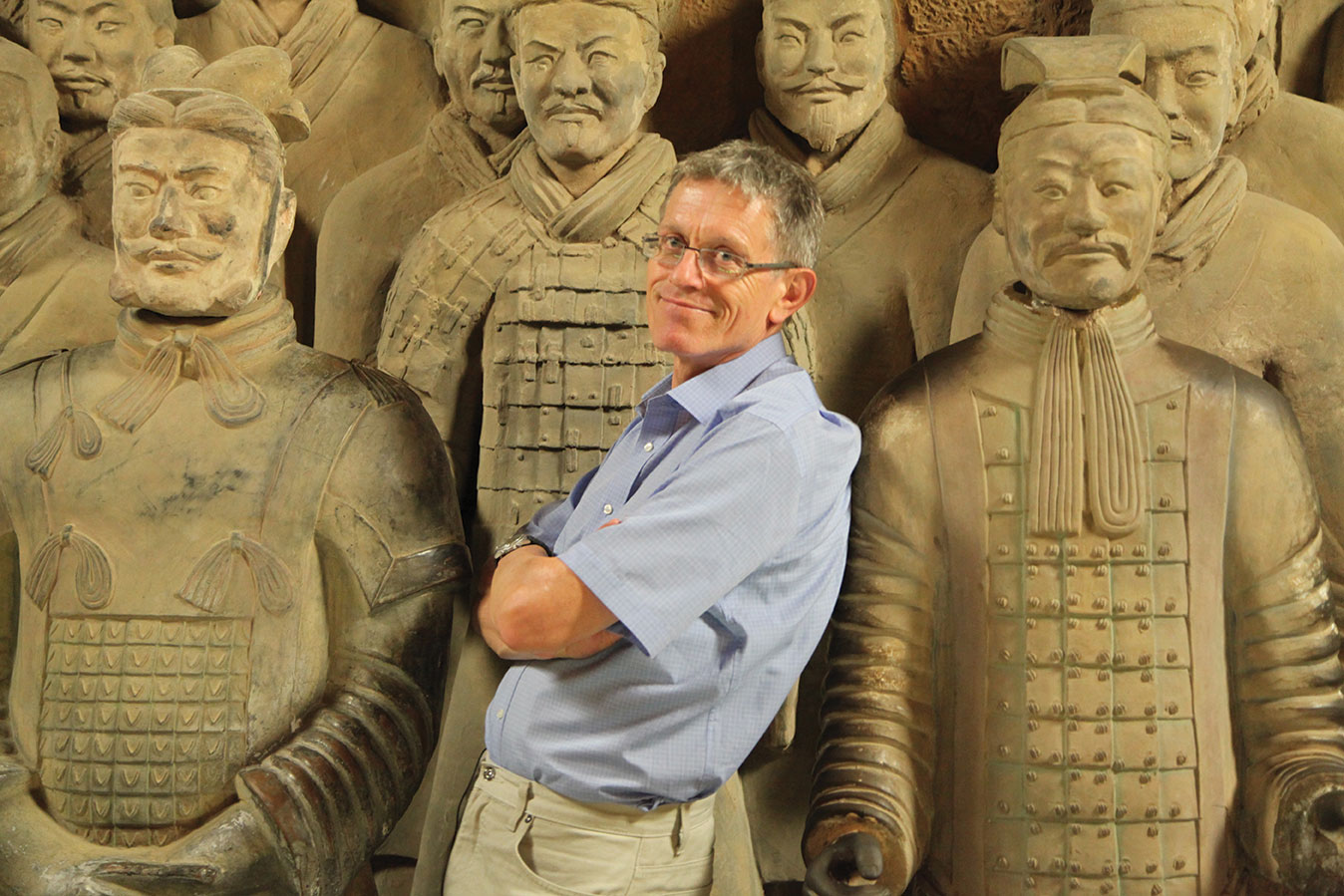 Simon Calder with the Terracotta Warriors. Photo credit Ash Mills.